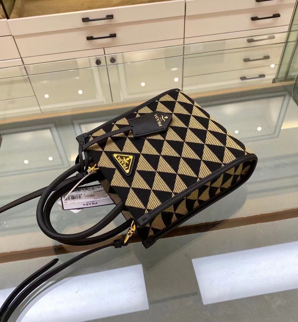 Prada Symbole Jacquard Fabric Micro Bag Black/Beige For Women, Women's Bags 7.5in/19cm 1BA355_2FKL_F0Y30_V_OOO