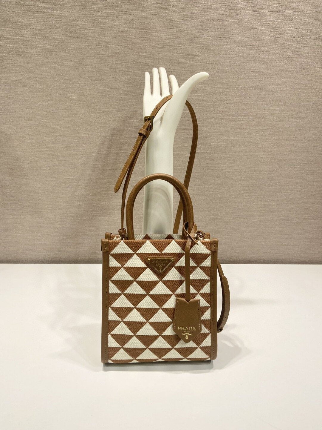 Prada Symbole Jacquard Fabric Micro Bag Brown/White For Women, Women's Bags 7.5in/19cm 1BA355_2FKL_F0I0U_V_OOO