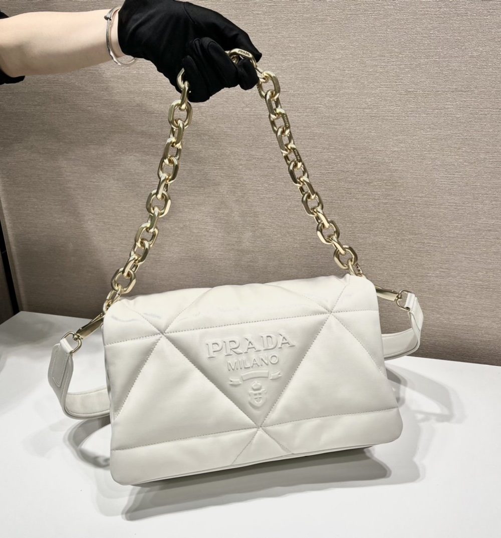 Prada System Nappa Patchwork Shoulder Bag White For Women, Women's Bags 7.5in/19cm