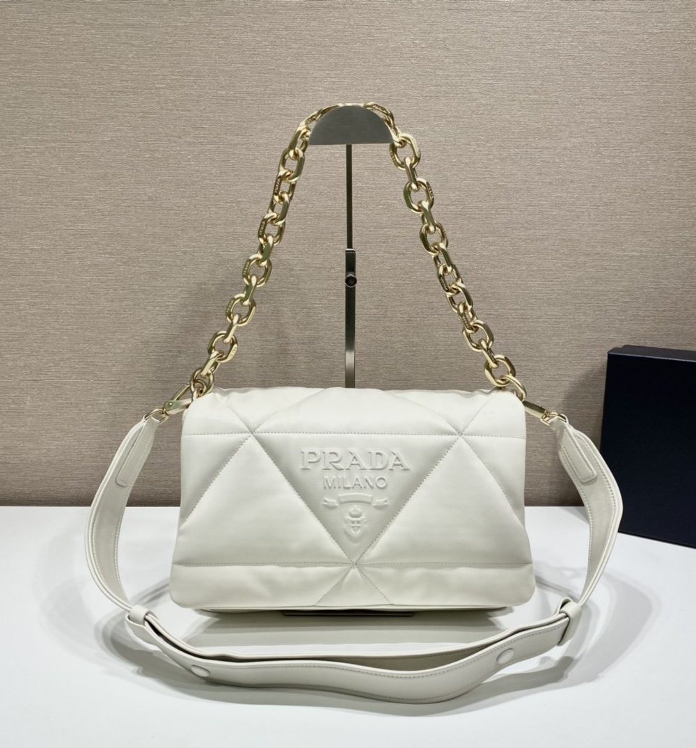 Prada System Nappa Patchwork Shoulder Bag White For Women, Women's Bags 7.5in/19cm