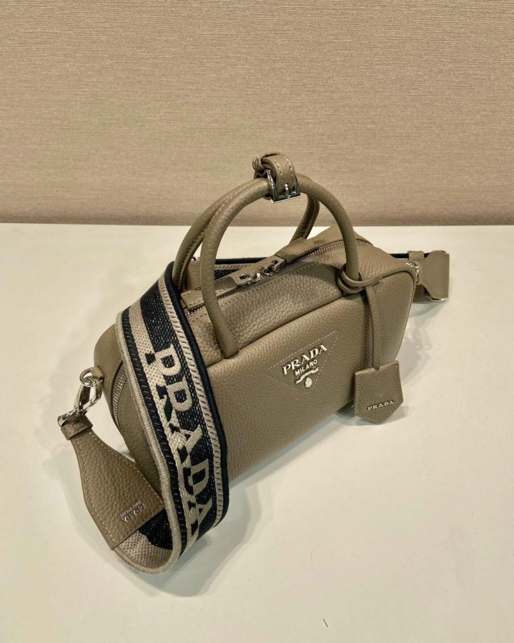 Prada Top-Handle Bag Brown/White/Green Khaki For Women 9.4in/24cm 1BB102_2DKV_F02Z8_V_3OO