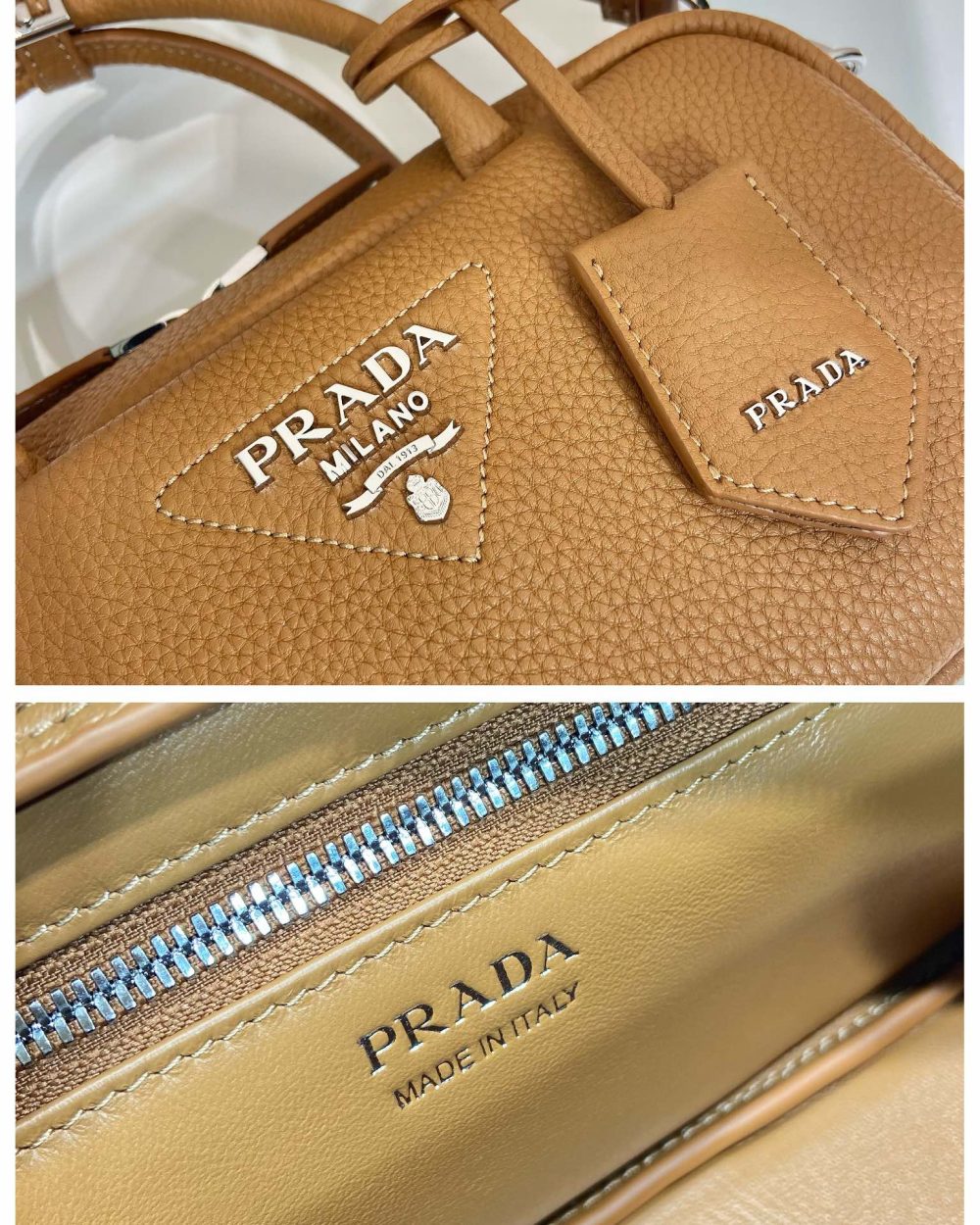Prada Top-Handle Bag Brown/White/Green Khaki For Women 9.4in/24cm 1BB102_2DKV_F02Z8_V_3OO