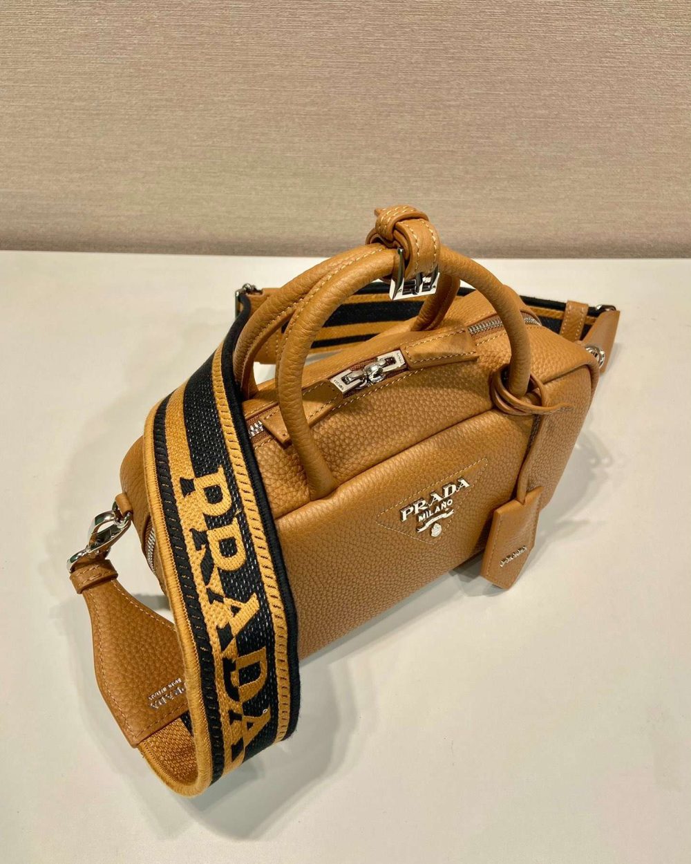 Prada Top-Handle Bag Brown/White/Green Khaki For Women 9.4in/24cm 1BB102_2DKV_F02Z8_V_3OO