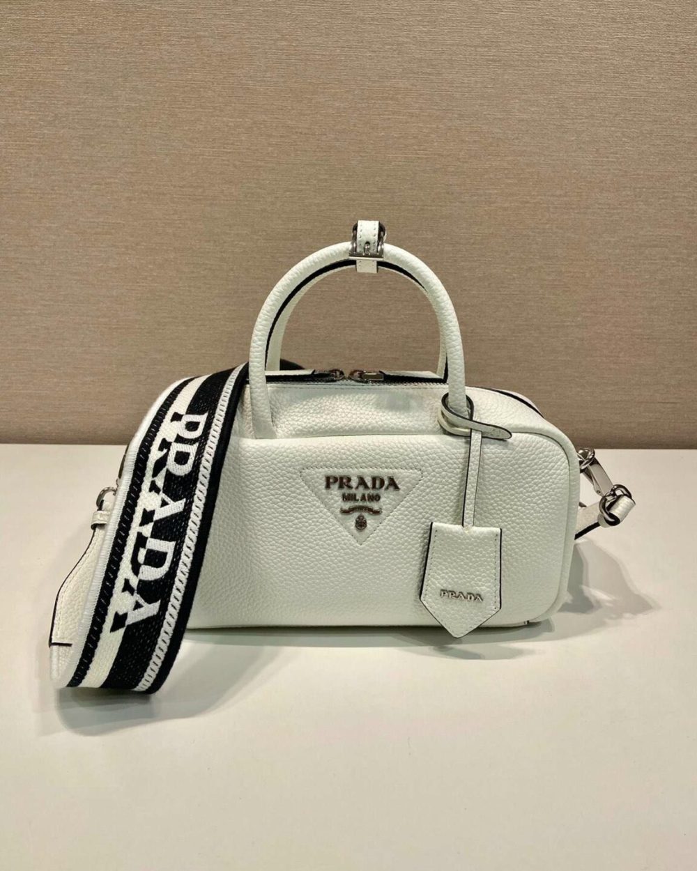 Prada Top-Handle Bag Brown/White/Green Khaki For Women 9.4in/24cm 1BB102_2DKV_F02Z8_V_3OO