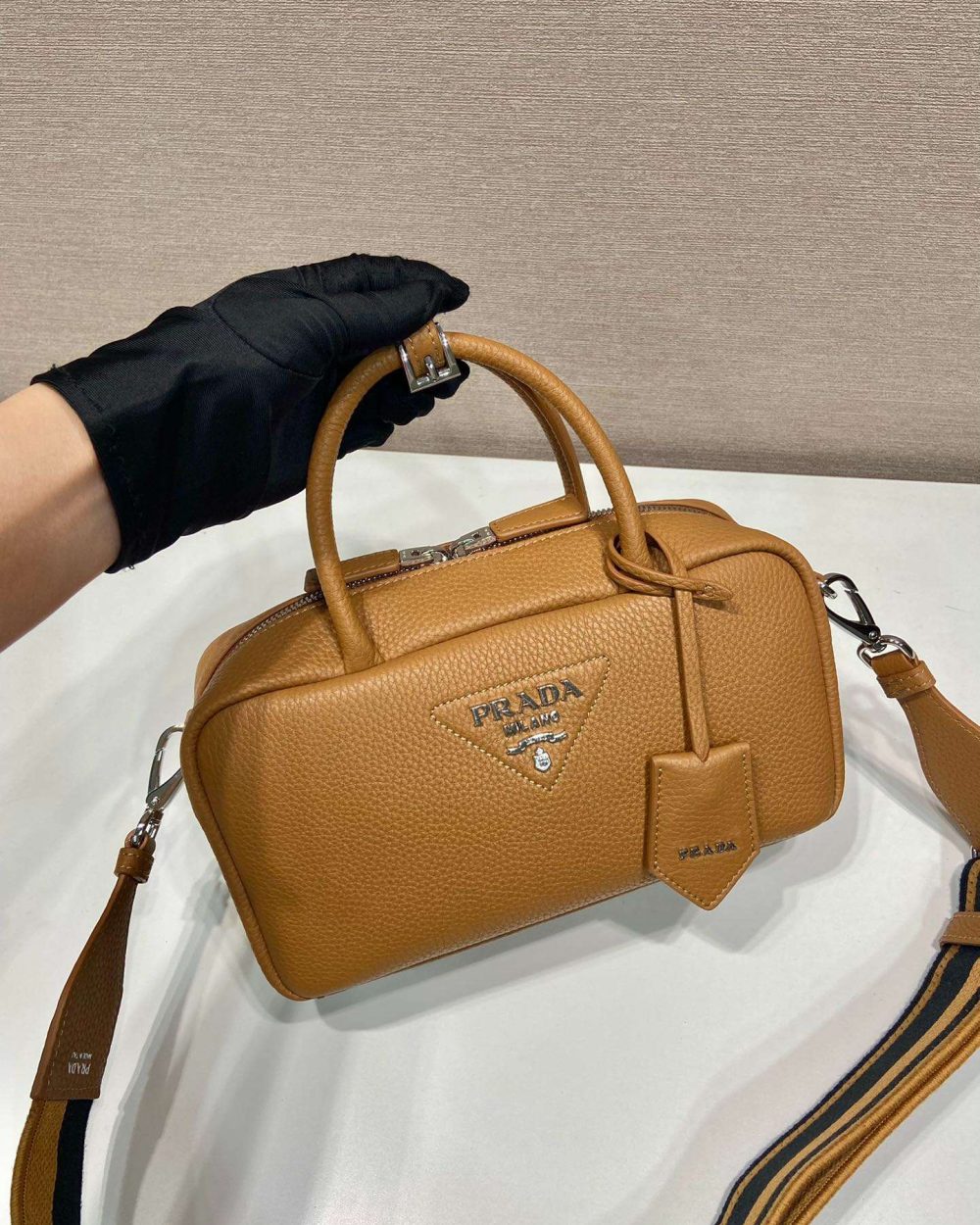 Prada Top-Handle Bag Brown/White/Green Khaki For Women 9.4in/24cm 1BB102_2DKV_F02Z8_V_3OO