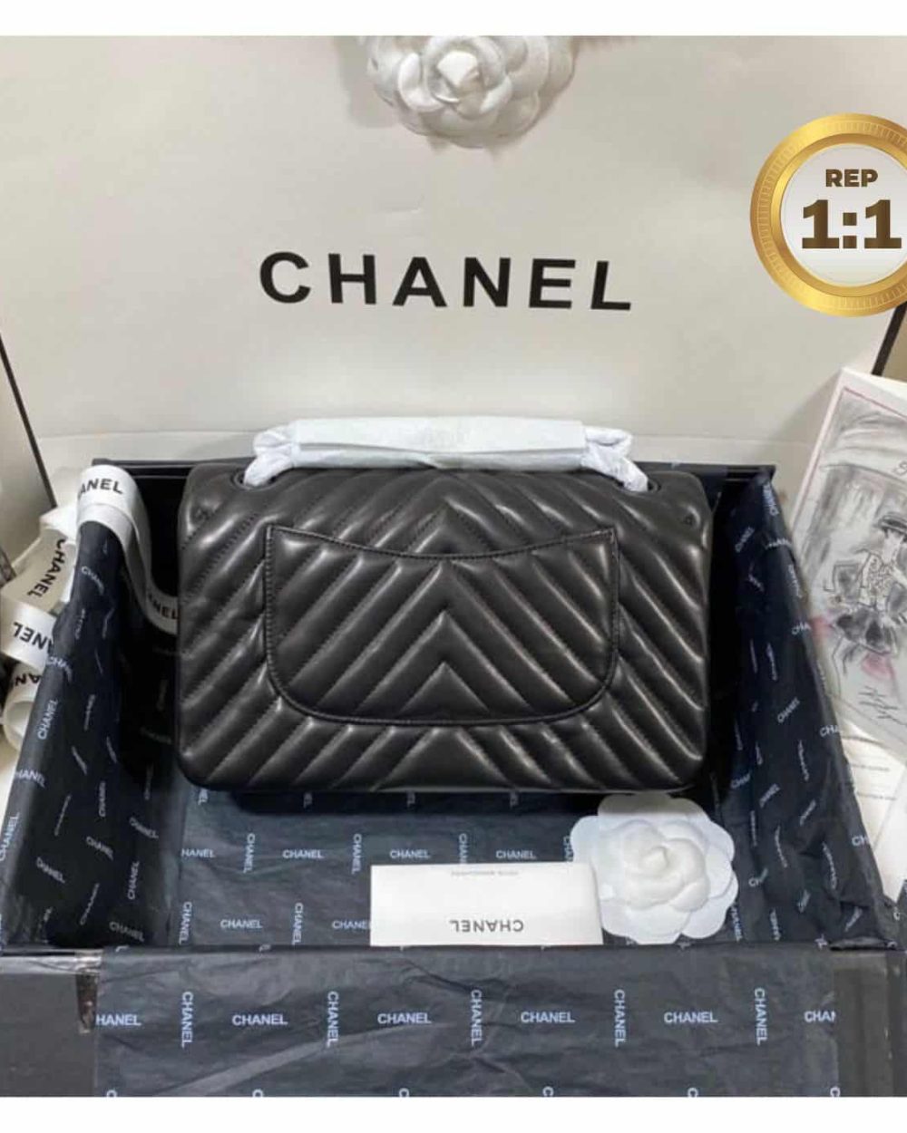1:1 Replica Chanel Chevron Classic Handbag Black For Women 10.2in/26cm