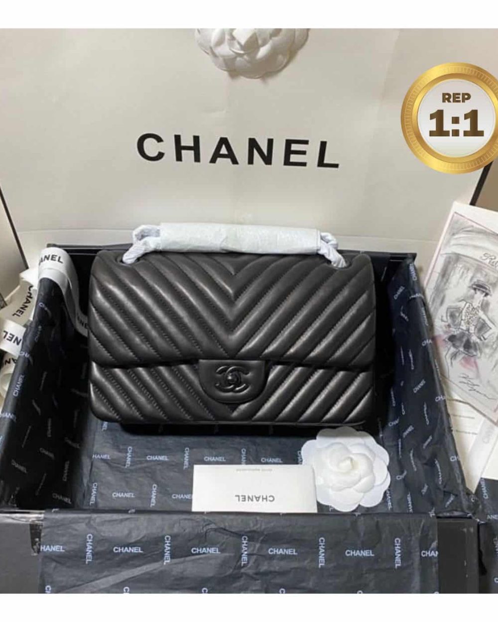 1:1 Replica Chanel Chevron Classic Handbag Black For Women 10.2in/26cm