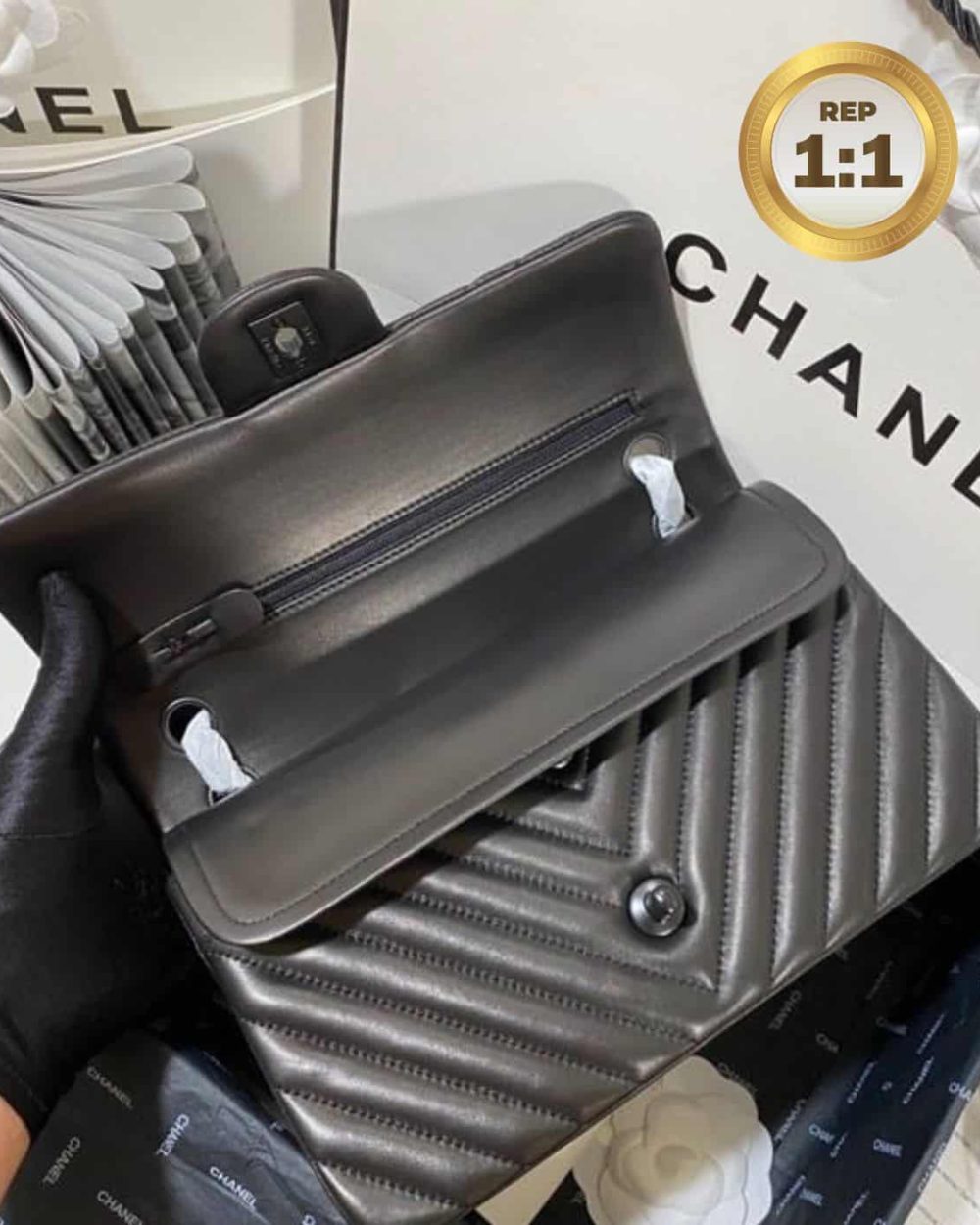 1:1 Replica Chanel Chevron Classic Handbag Black For Women 10.2in/26cm