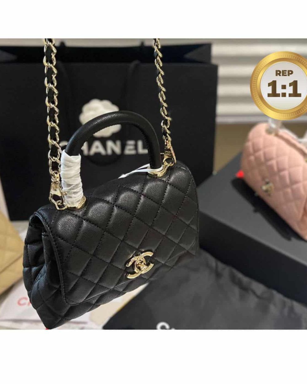 1:1 Replica Chanel Coco With Top Handle Bag Black For Women 9.4in/24cm