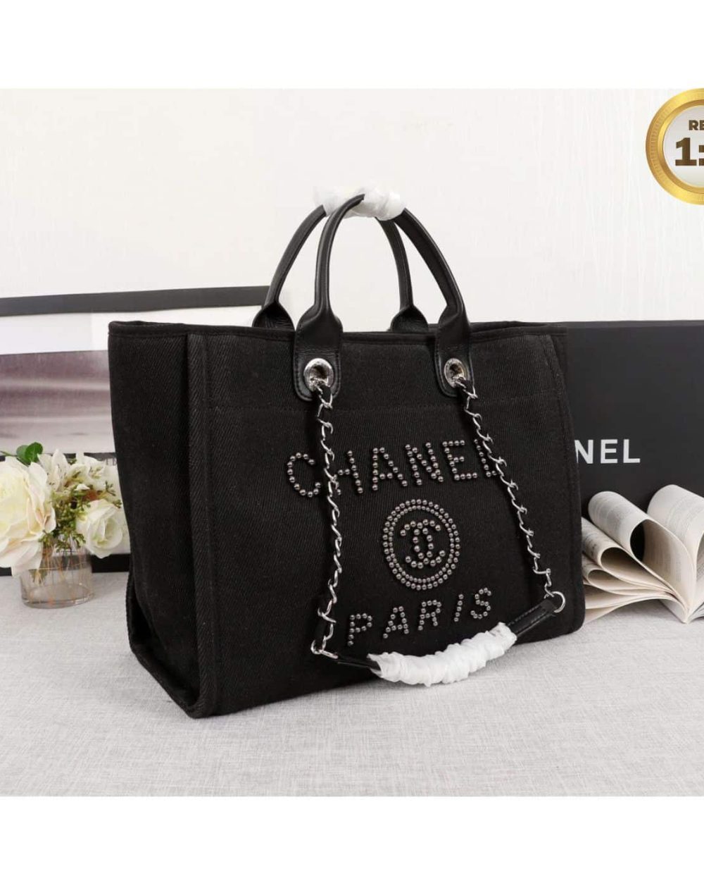 1:1 Replica Chanel Large Deauville Pearl Tote Bag Black For Women 15in/38cm A66941
