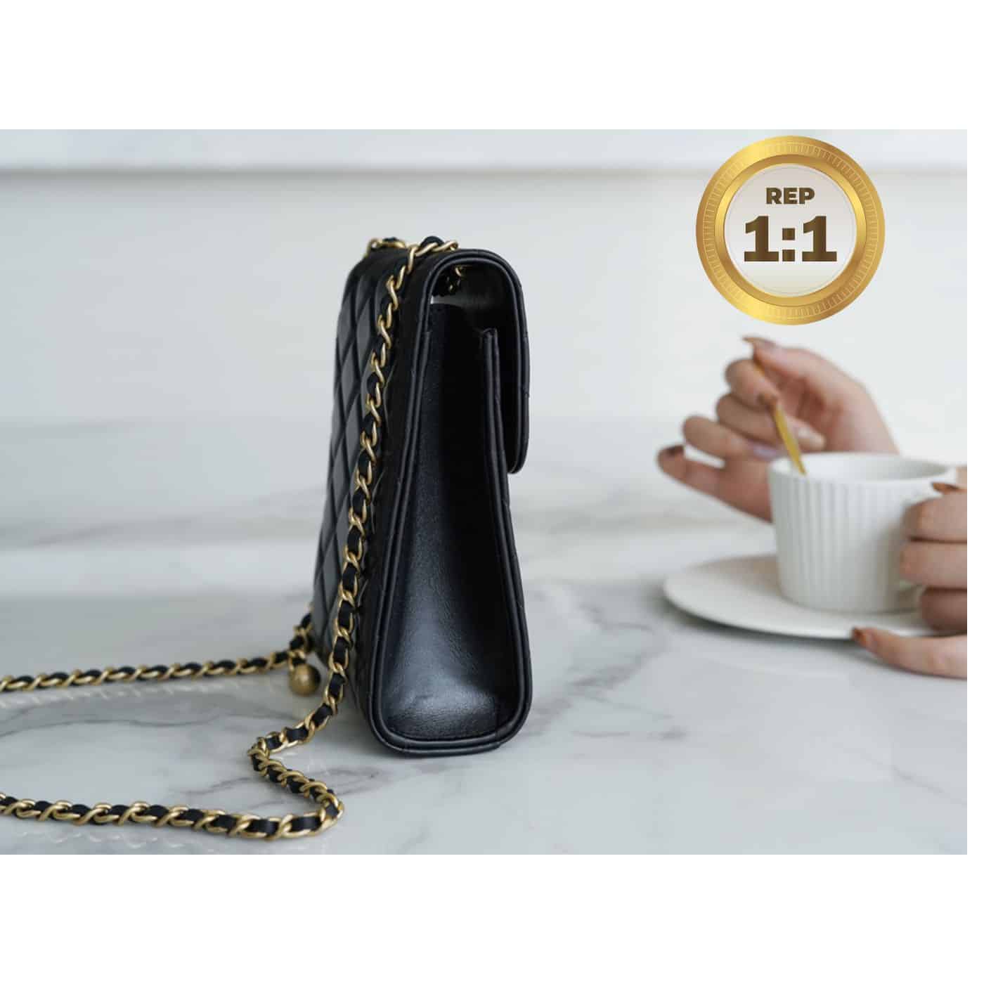 1:1 Replica Chanel Quilted Phone Holder Bag Black For Women 17cm/6.6in - Image 2