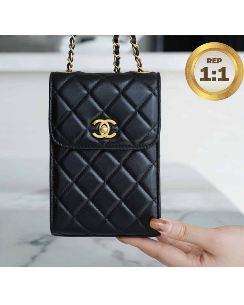 1:1 Replica Chanel Quilted Phone Holder Bag Black For Women 17cm/6.6in