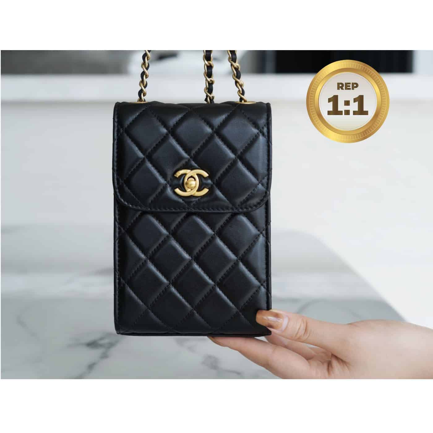 1:1 Replica Chanel Quilted Phone Holder Bag Black For Women 17cm/6.6in - Image 3