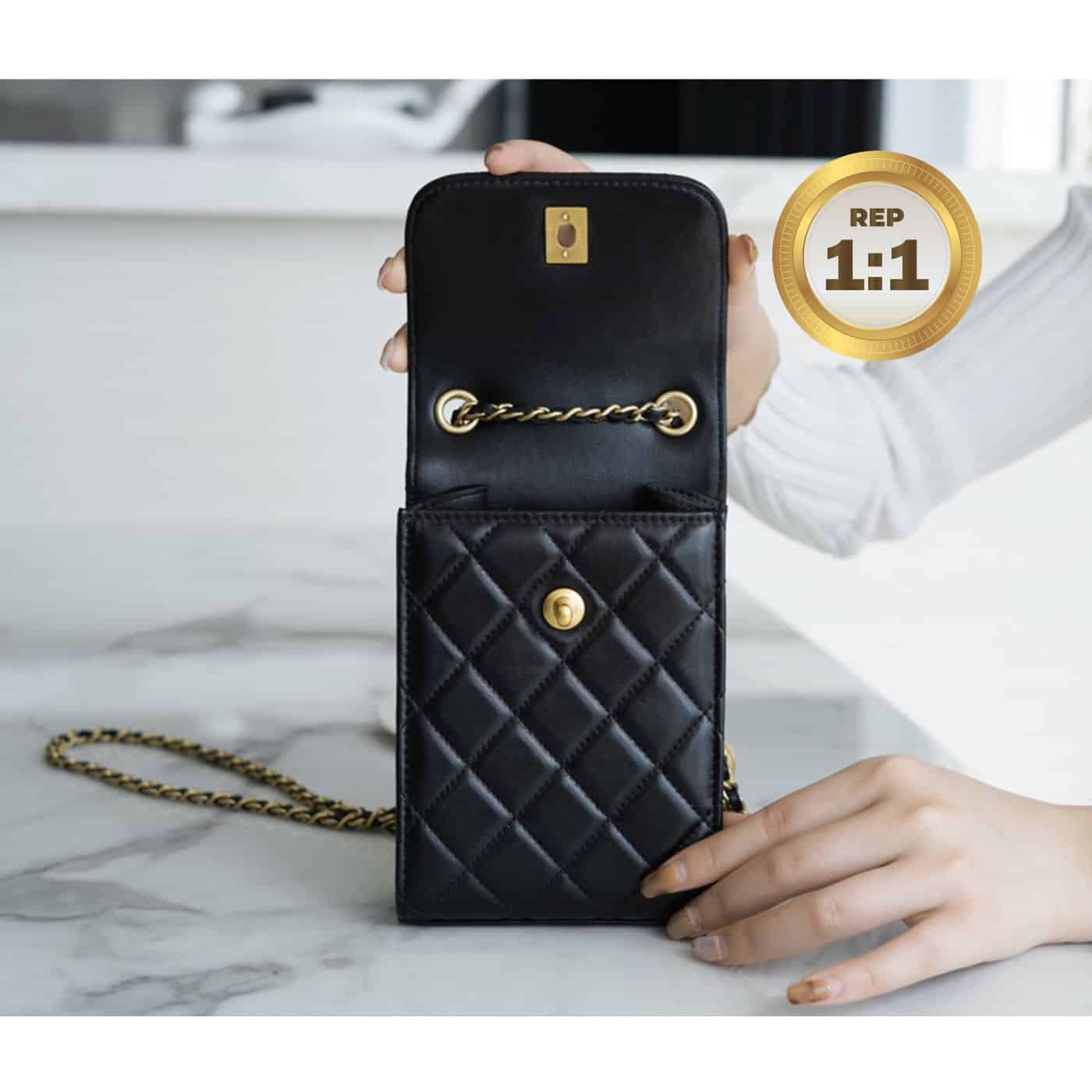 1:1 Replica Chanel Quilted Phone Holder Bag Black For Women 17cm/6.6in - Image 6