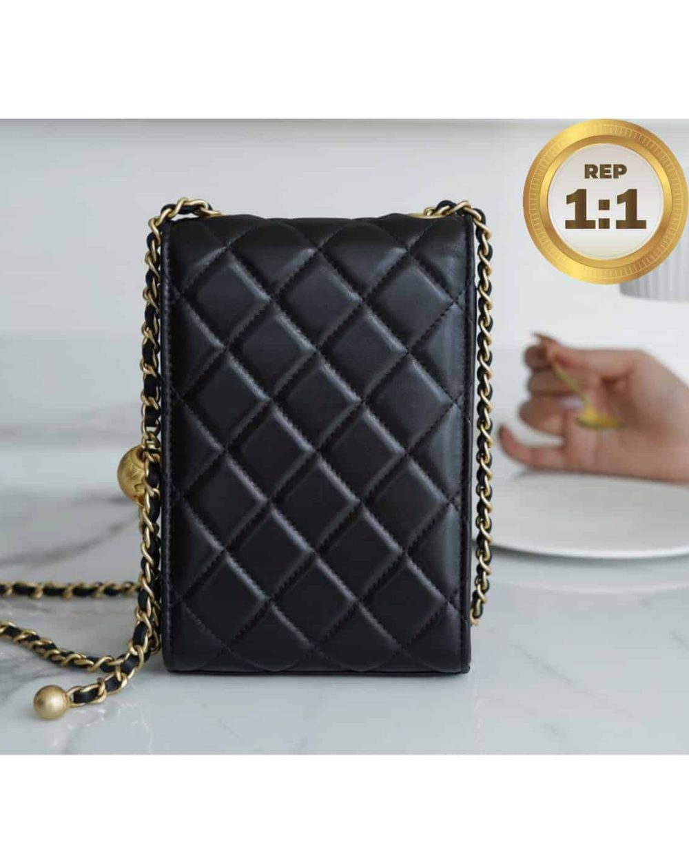 1:1 Replica Chanel Quilted Phone Holder Bag Black For Women 17cm/6.6in