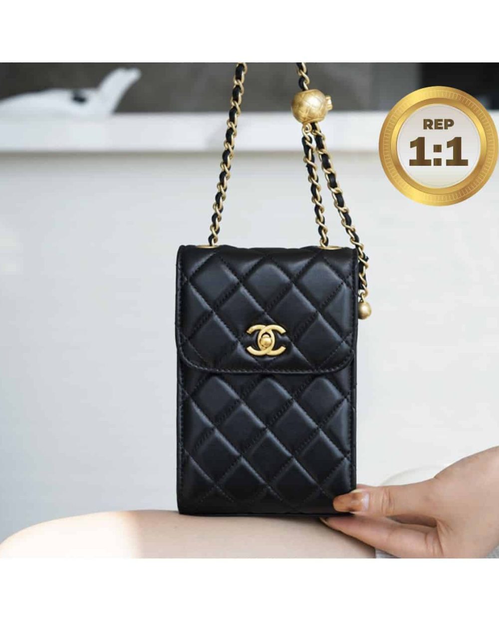 1:1 Replica Chanel Quilted Phone Holder Bag Black For Women 17cm/6.6in