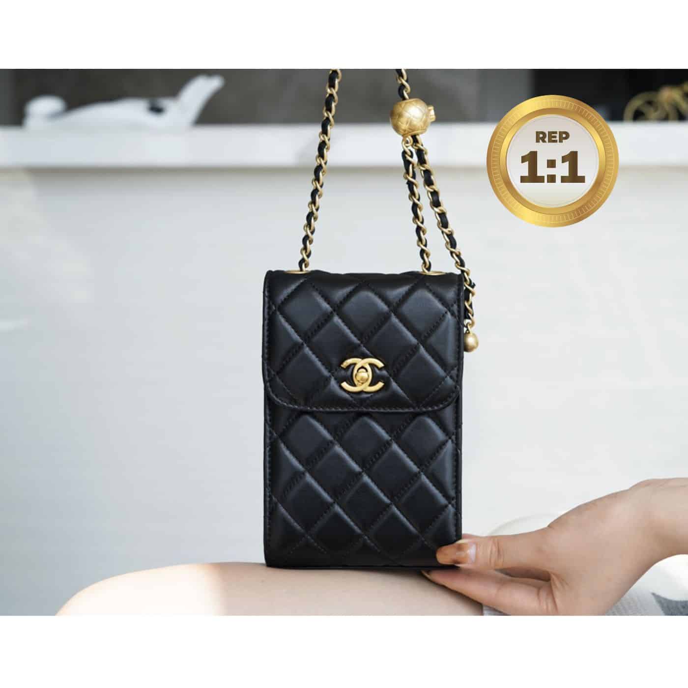 1:1 Replica Chanel Quilted Phone Holder Bag Black For Women 17cm/6.6in - Image 9