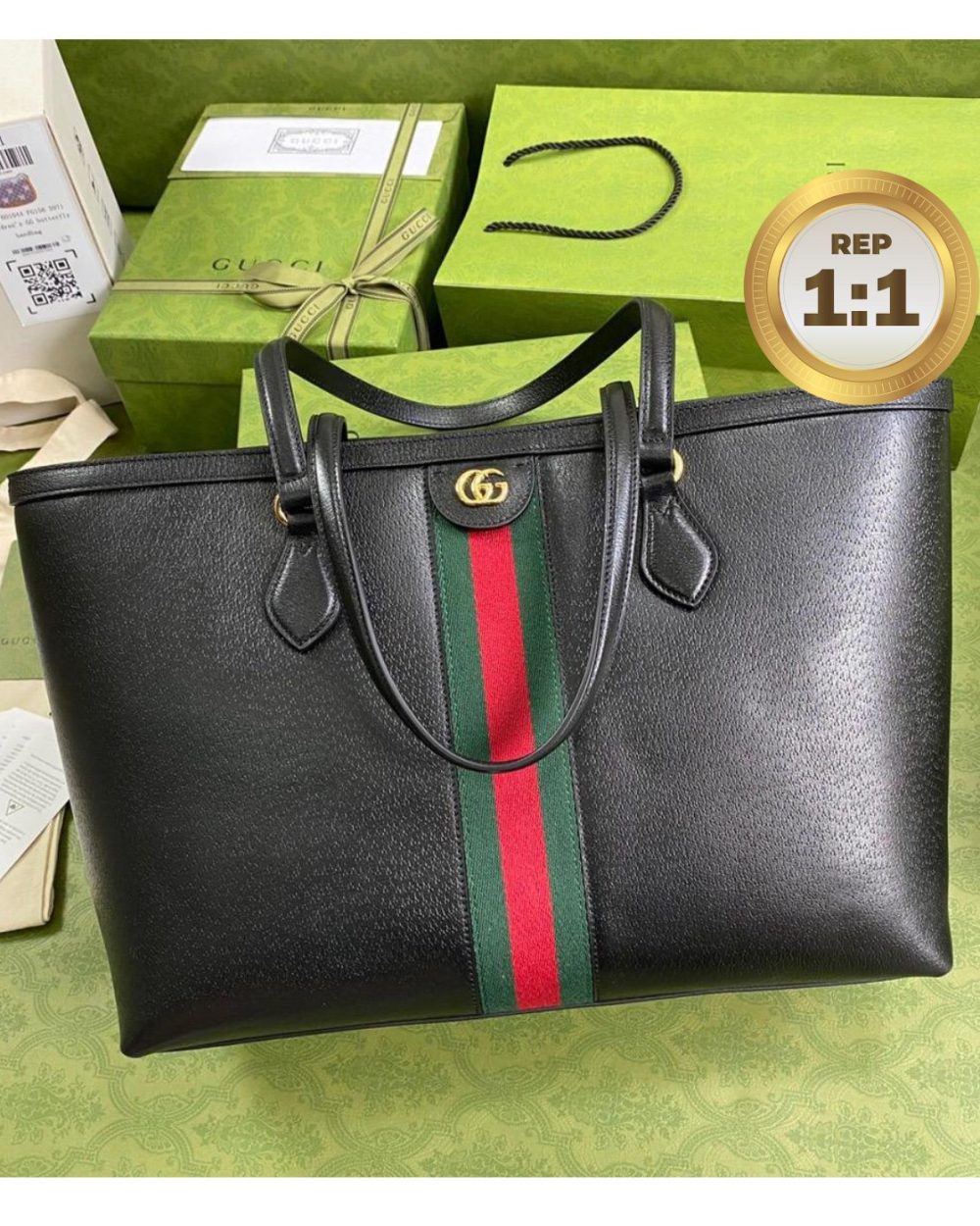 1:1 Replica Gucci Ophidia Medium Tote Black For Women 15in/38cm GG 631685 CWG1A 1060