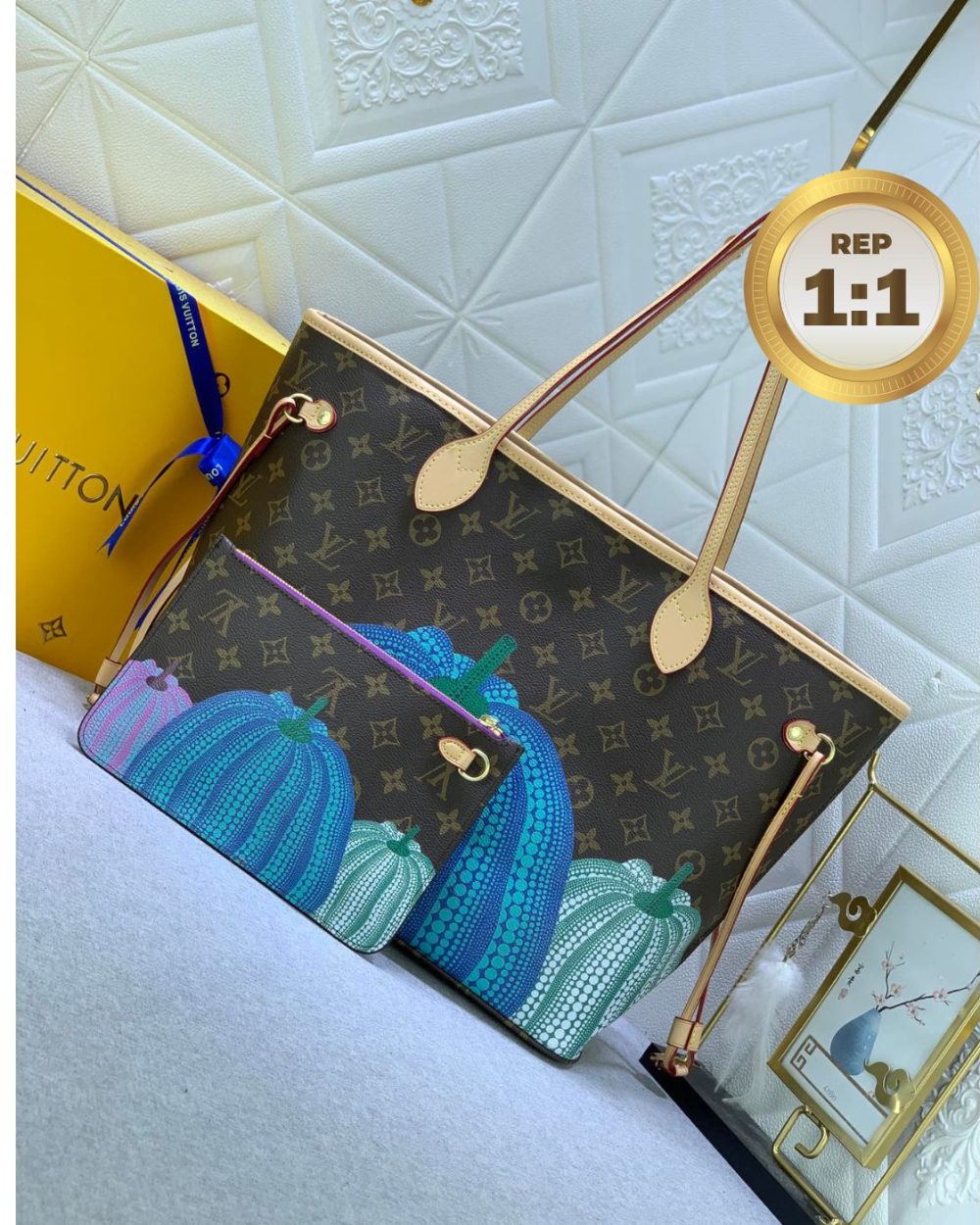 1:1 Replica Louis Vuitton LV x YK Neverfull MM Bag Brown For Women 12.2in/31cm M46468