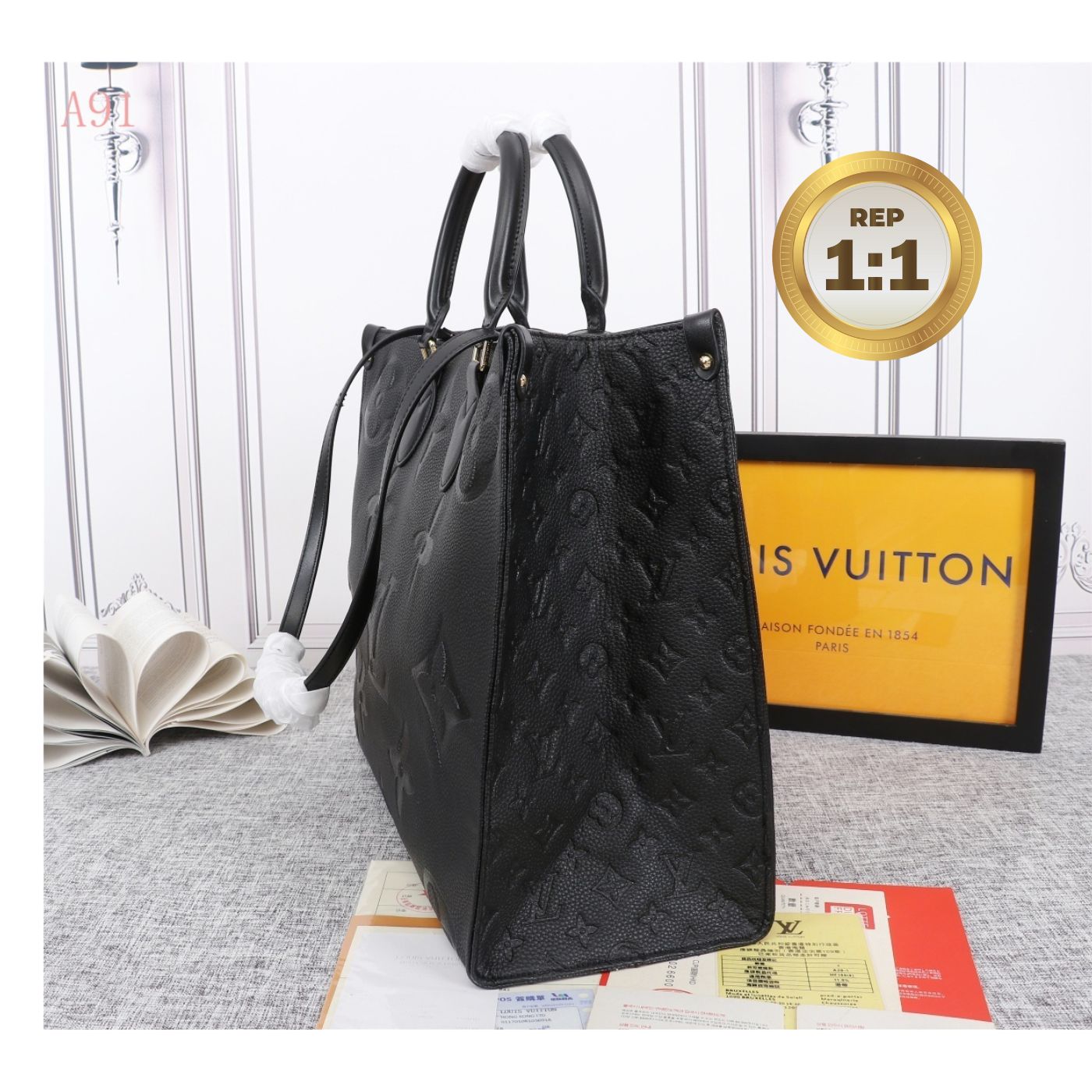 1:1 Replica Louis Vuitton Onthego MM Monogram Empreinte Tote Bag Black For Women 35cm LV M45595 - Image 6