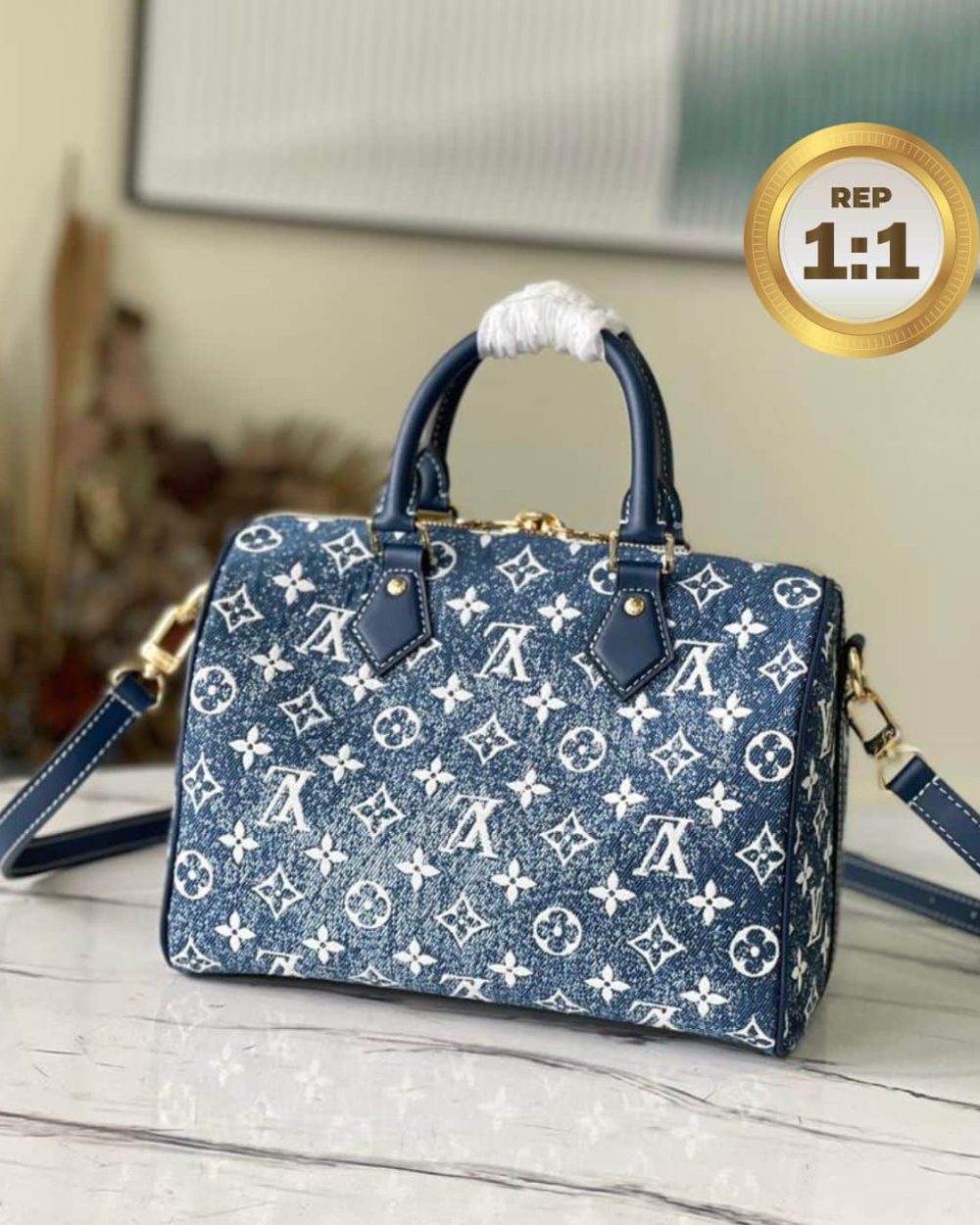 1:1 Replica Louis Vuitton Speedy Bandouliere 25 Monogram Denim Jacquard Navy Blue 9.8in/25cm LV M59609