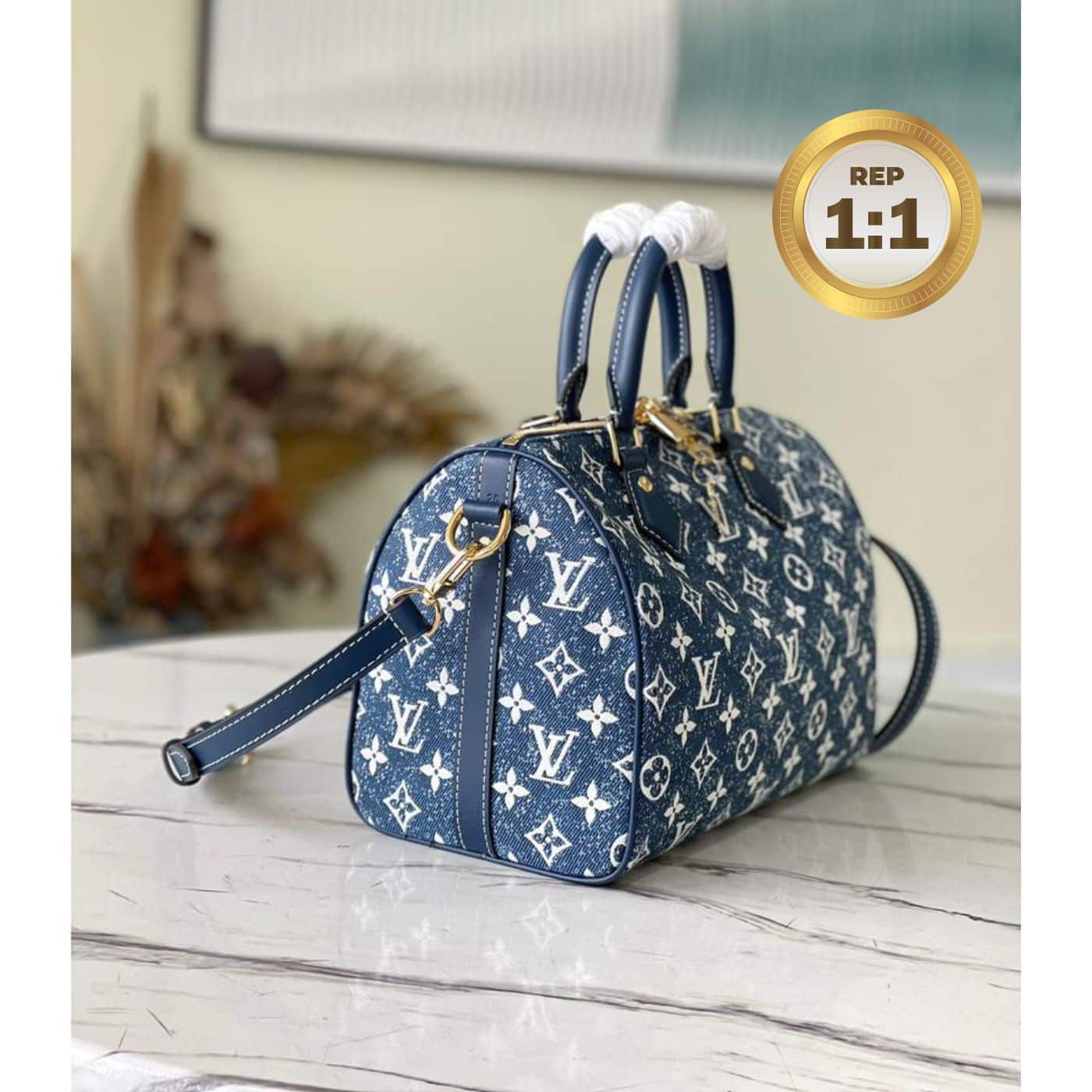 1:1 Replica Louis Vuitton Speedy Bandouliere 25 Monogram Denim Jacquard Navy Blue 9.8in/25cm LV M59609 - Image 6