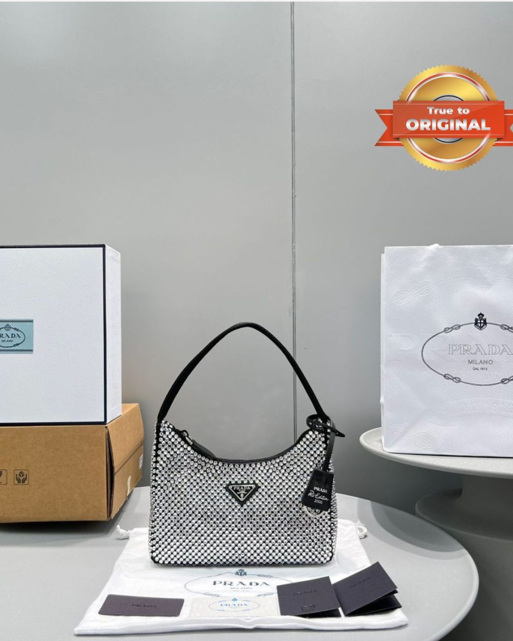 1:1 Replica Prada Satin Mini-Bag With Crystals Silver For Women 8.6in/22cm 1BC515_2AWL_F0T7O_V_OOO