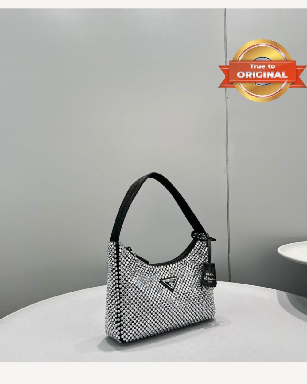 1:1 Replica Prada Satin Mini-Bag With Crystals Silver For Women 8.6in/22cm 1BC515_2AWL_F0T7O_V_OOO