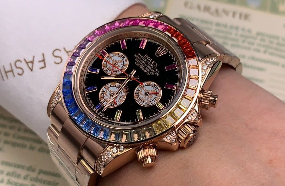 Rolex Daytona Cosmograph Rainbow Crystals Bezel Gold Toned Strap Black Dial 80251