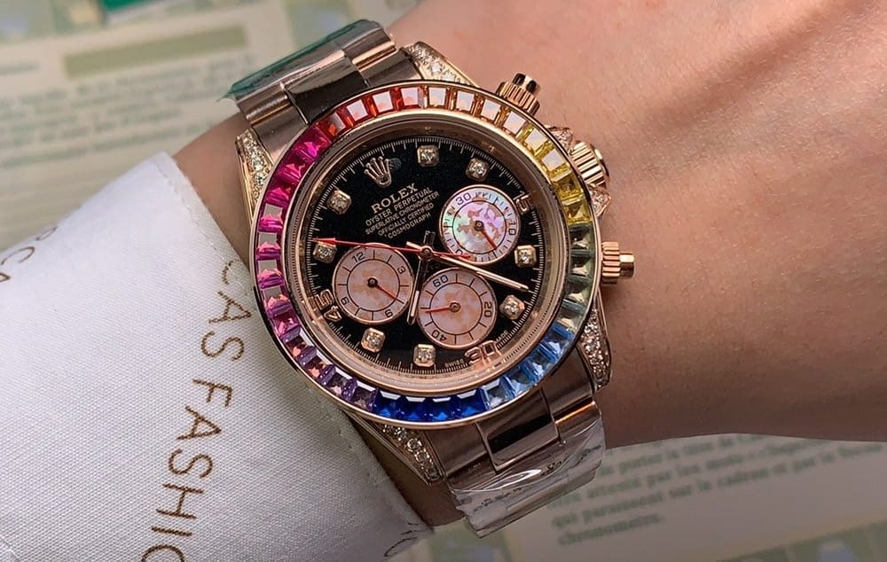 Rolex Daytona Cosmograph Rainbow Crystals Bezel Gold Toned Strap Black Dial 80251