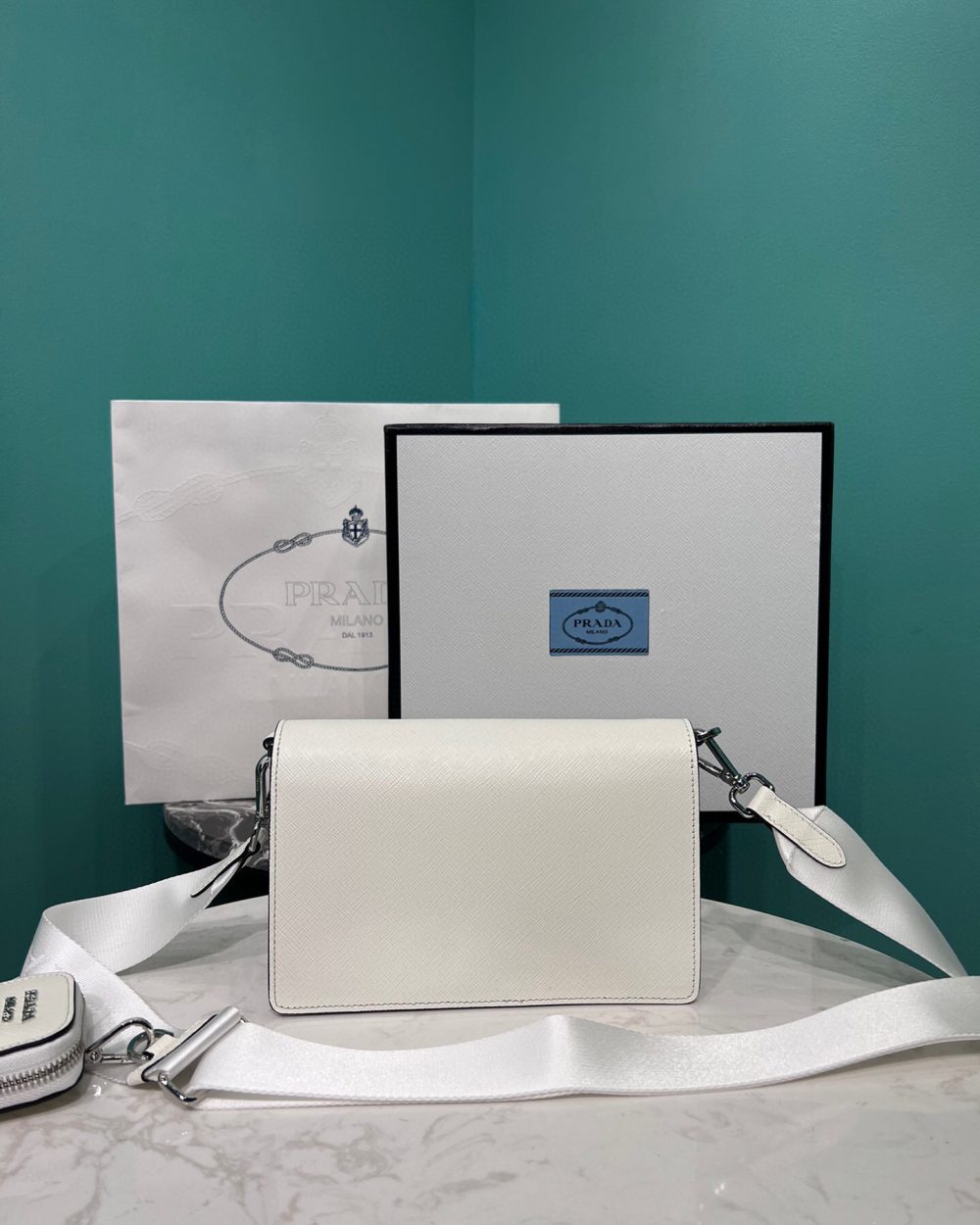 Saffiano Mini Envelope Bag In White For Women 7.8 in/ 20cm 1BP020_2EVU_F0009_V_N2O