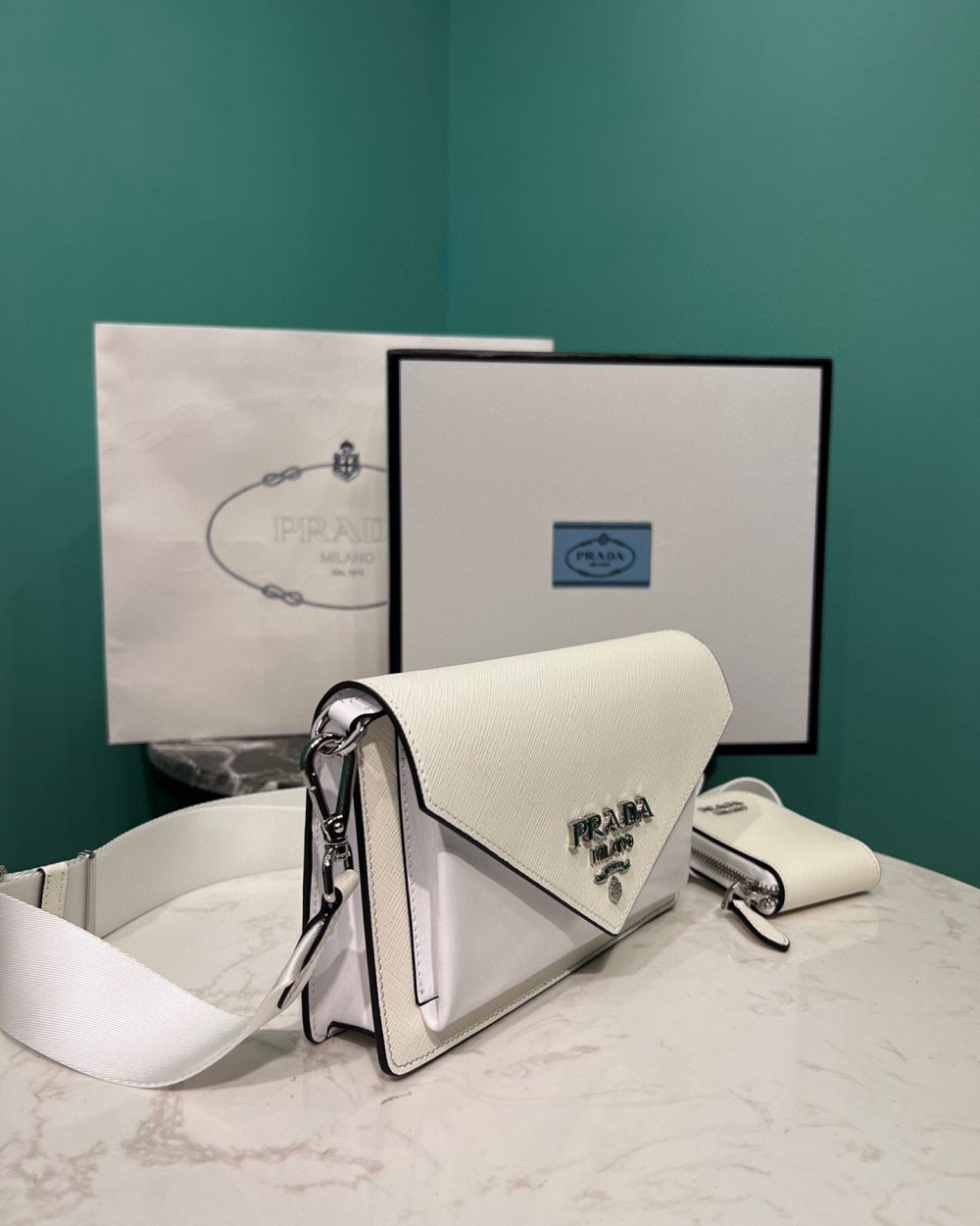 Saffiano Mini Envelope Bag In White For Women 7.8 in/ 20cm 1BP020_2EVU_F0009_V_N2O