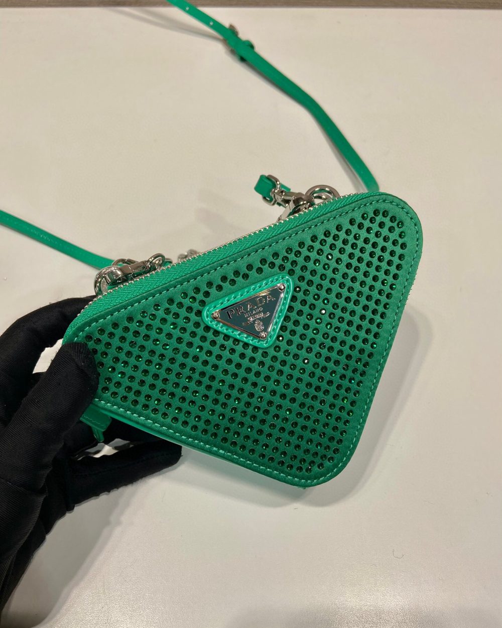 Saffiano Mini Pouch With Sparkling Stone In Green For Women 5.9in/ 15cm