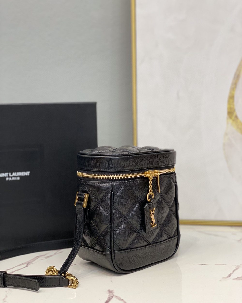 [REP 1:1] Saint Laurent 80's Vanity Bag In Carré-Quilted Grain De Poudre Black For Women 6.4in/16.5cm YSL 649779DME271000