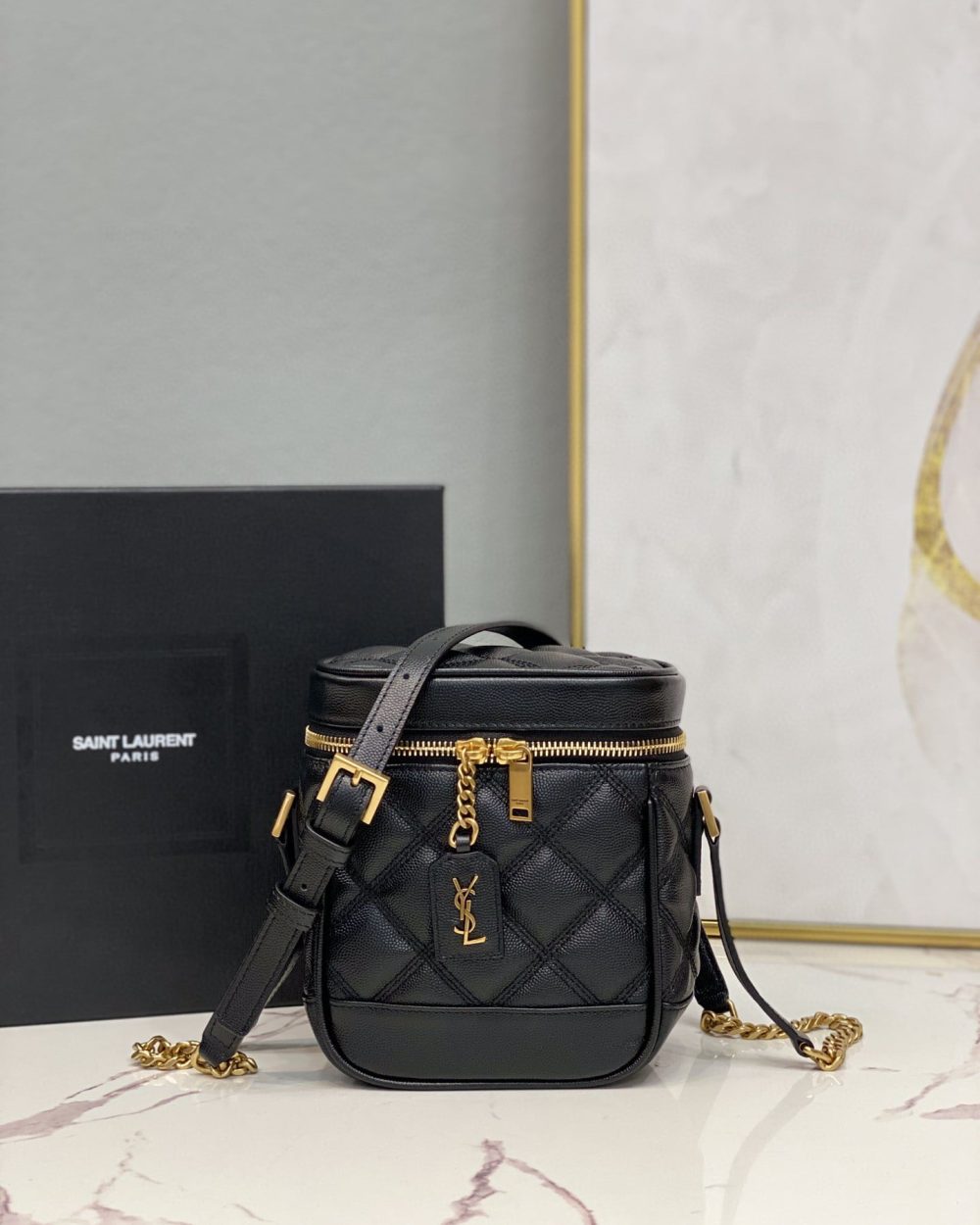 [REP 1:1] Saint Laurent 80's Vanity Bag In Carré-Quilted Grain De Poudre Black For Women 6.4in/16.5cm YSL 649779DME271000