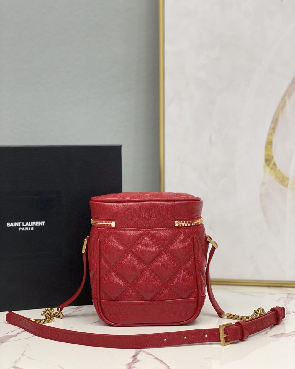 [REP 1:1] Saint Laurent 80's Vanity Bag In Carré-Quilted Grain De Poudre Red For Women 6.4in/16.5cm YSL 649779DME276805
