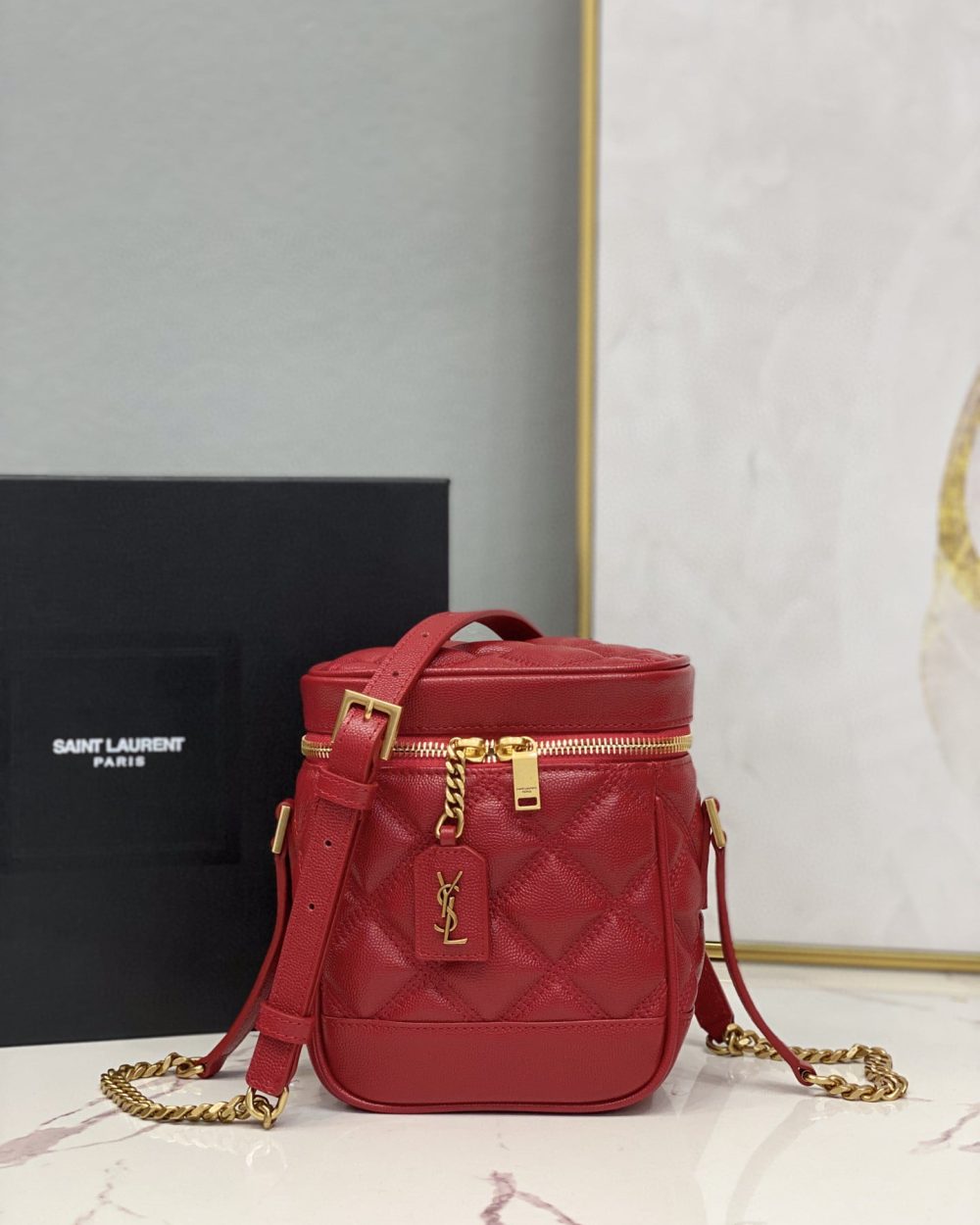 [REP 1:1] Saint Laurent 80's Vanity Bag In Carré-Quilted Grain De Poudre Red For Women 6.4in/16.5cm YSL 649779DME276805