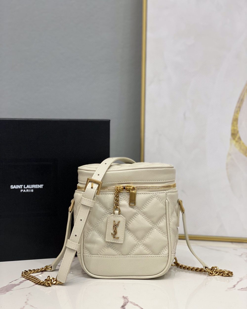 [REP 1:1] Saint Laurent 80's Vanity Bag In Carré-Quilted Grain De Poudre White For Women 6.4in/16.5cm YSL 649779DME279207