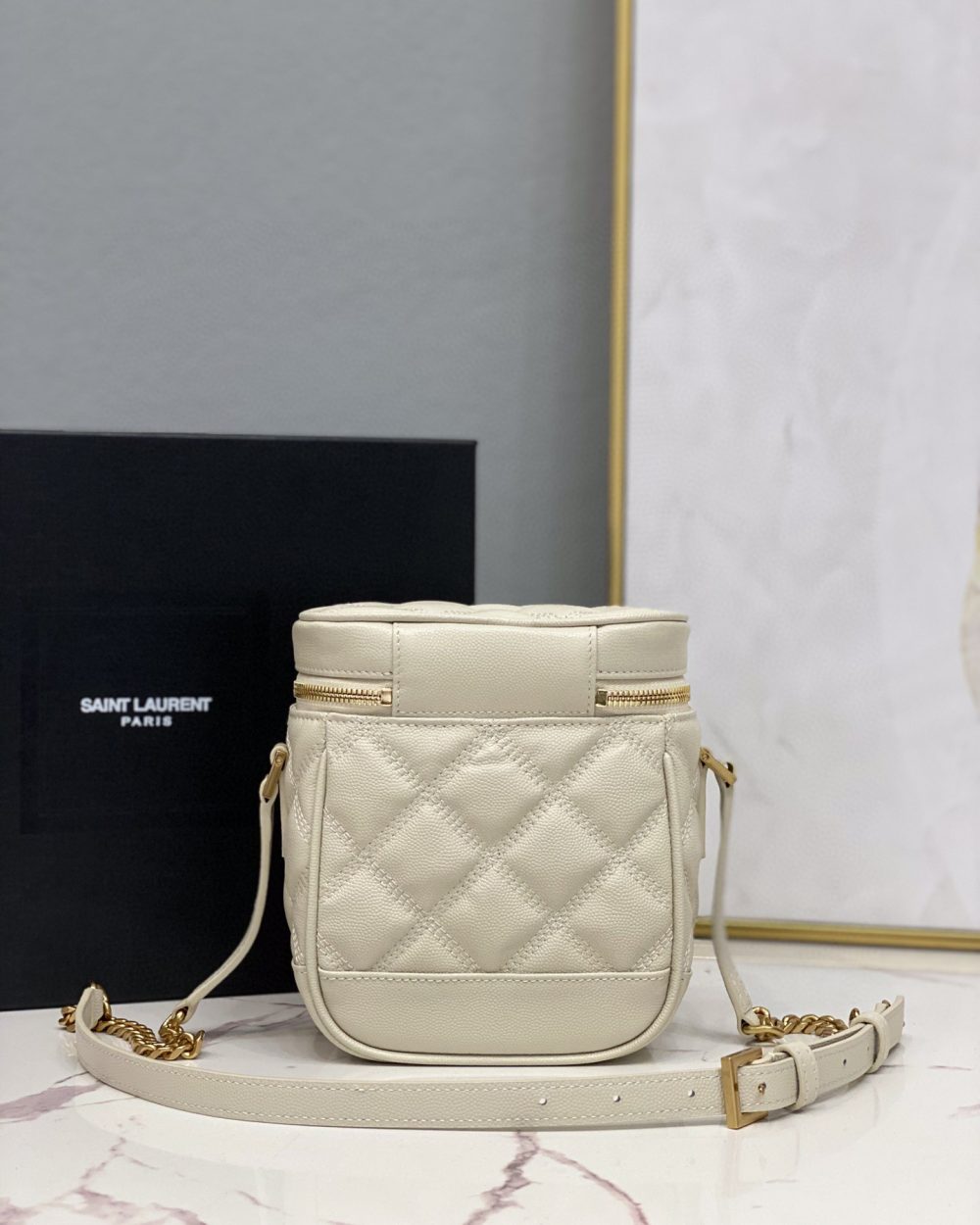 [REP 1:1] Saint Laurent 80's Vanity Bag In Carré-Quilted Grain De Poudre White For Women 6.4in/16.5cm YSL 649779DME279207