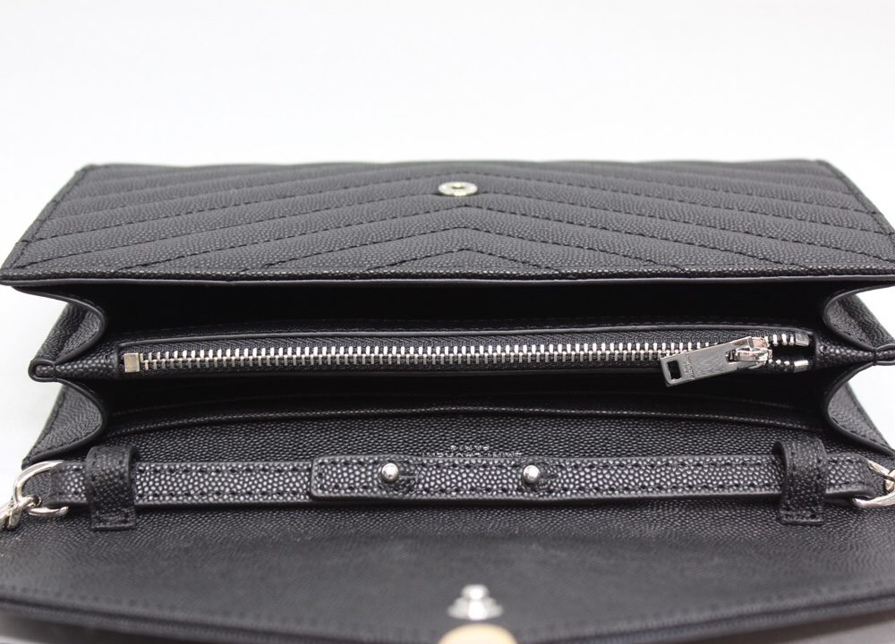 [REP 1:1] Saint Laurent Cassandre Matelassé Chain Wallet In Grain De Poudre Embossed Black For Women 8.8in/23cm YSL 377828BOW021000