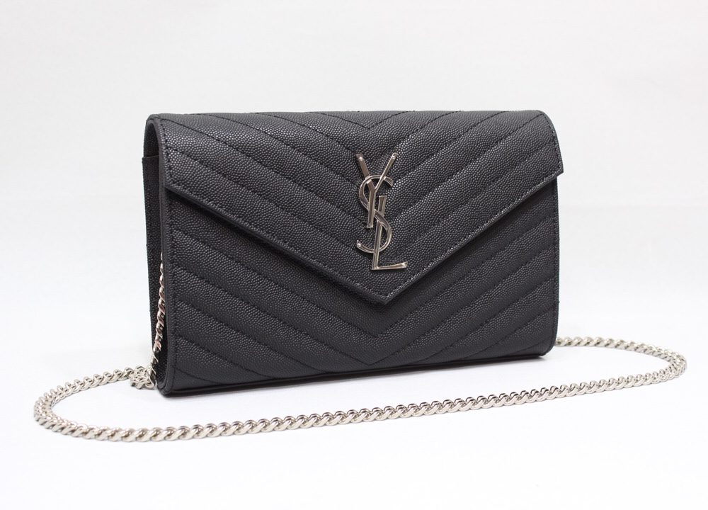 [REP 1:1] Saint Laurent Cassandre Matelassé Chain Wallet In Grain De Poudre Embossed Black For Women 8.8in/23cm YSL 377828BOW021000