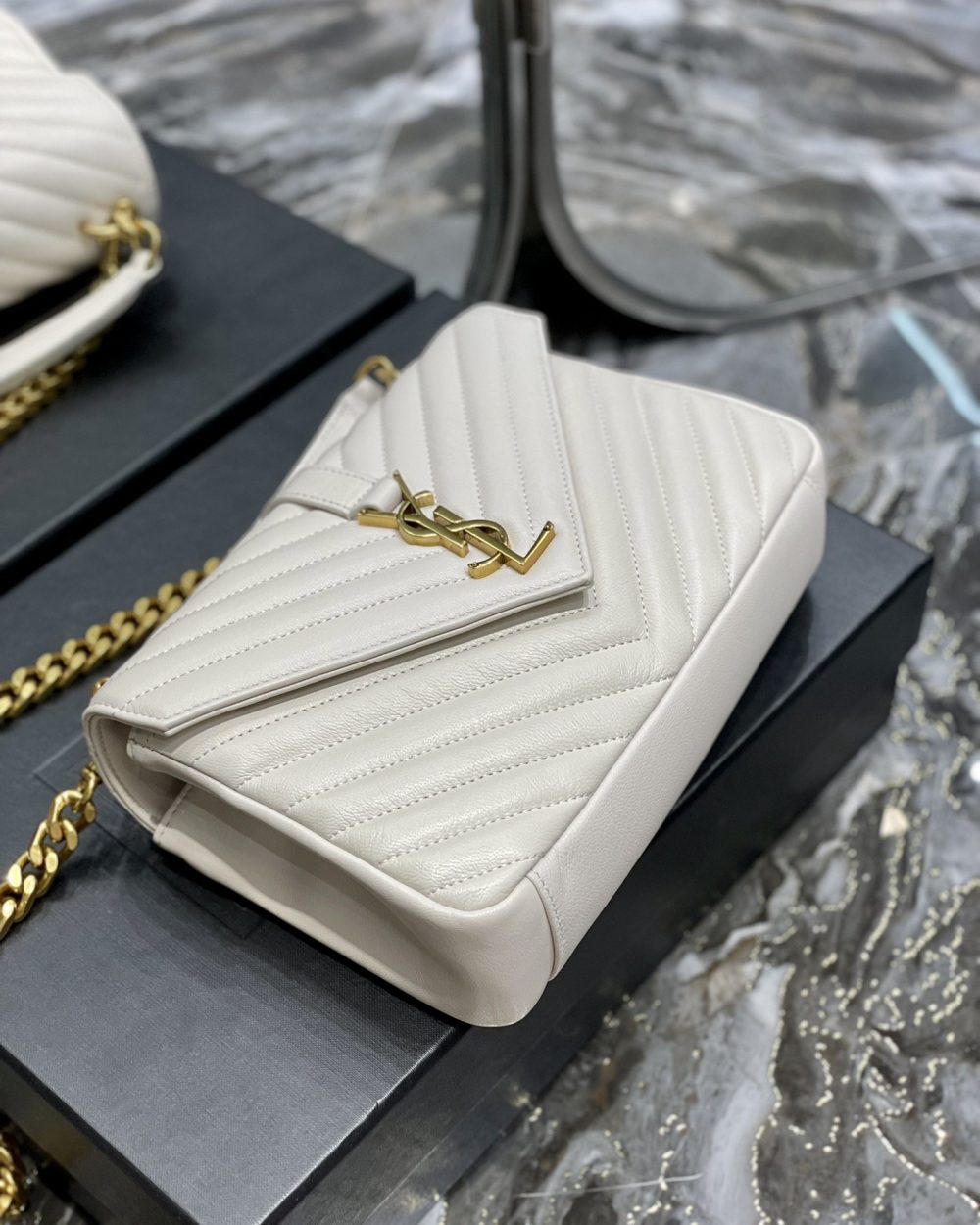 [REP 1:1] Saint Laurent College Medium Chain Bag White Gold Toned Hardware For Women 9.4in/24cm YSL 600279BRM079207