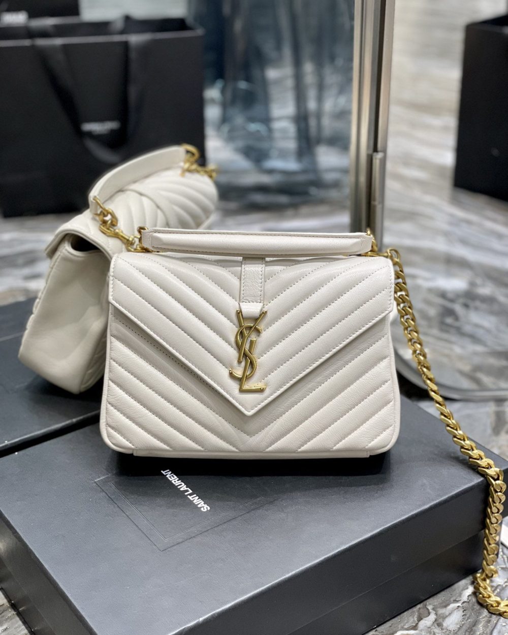 [REP 1:1] Saint Laurent College Medium Chain Bag White Gold Toned Hardware For Women 9.4in/24cm YSL 600279BRM079207