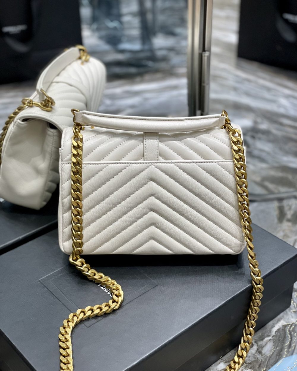 [REP 1:1] Saint Laurent College Medium Chain Bag White Gold Toned Hardware For Women 9.4in/24cm YSL 600279BRM079207