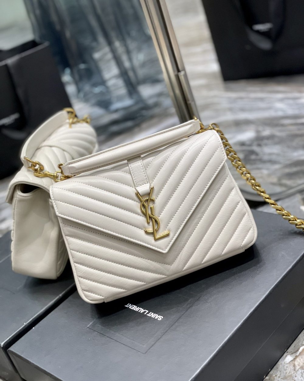 [REP 1:1] Saint Laurent College Medium Chain Bag White Gold Toned Hardware For Women 9.4in/24cm YSL 600279BRM079207