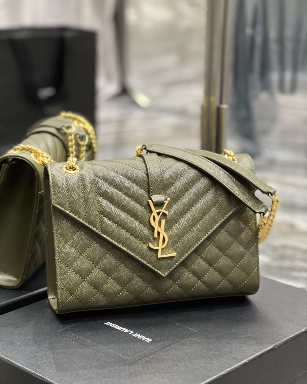 [REP 1:1] Saint Laurent Envelope Medium Chain Bag Dark Green For Women, Women's Bags 9.4in/24cm YSL