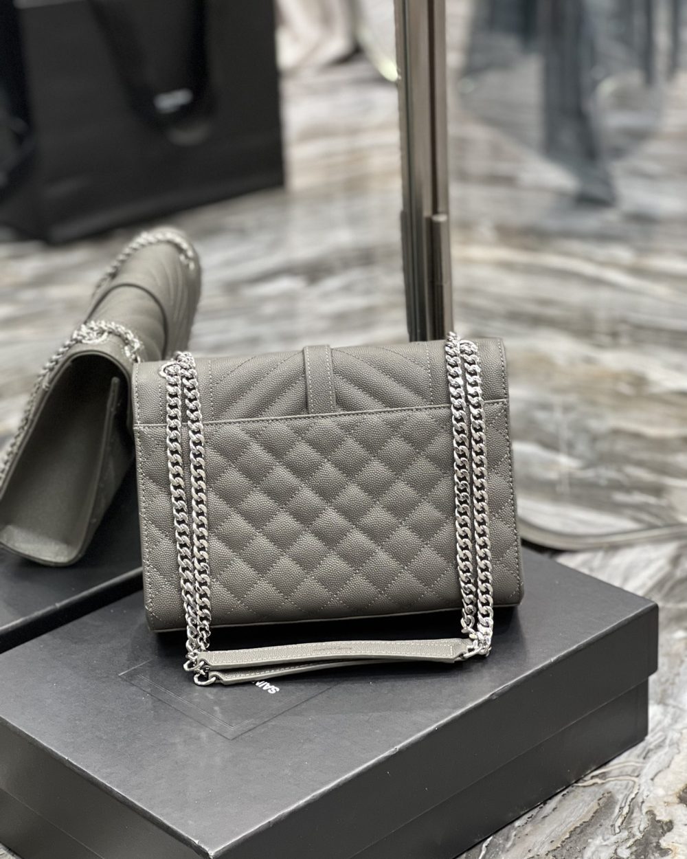 [REP 1:1] Saint Laurent Envelope Medium Chain Bag Dark Grey For Women, Women's Bags 9.4in/24cm YSL