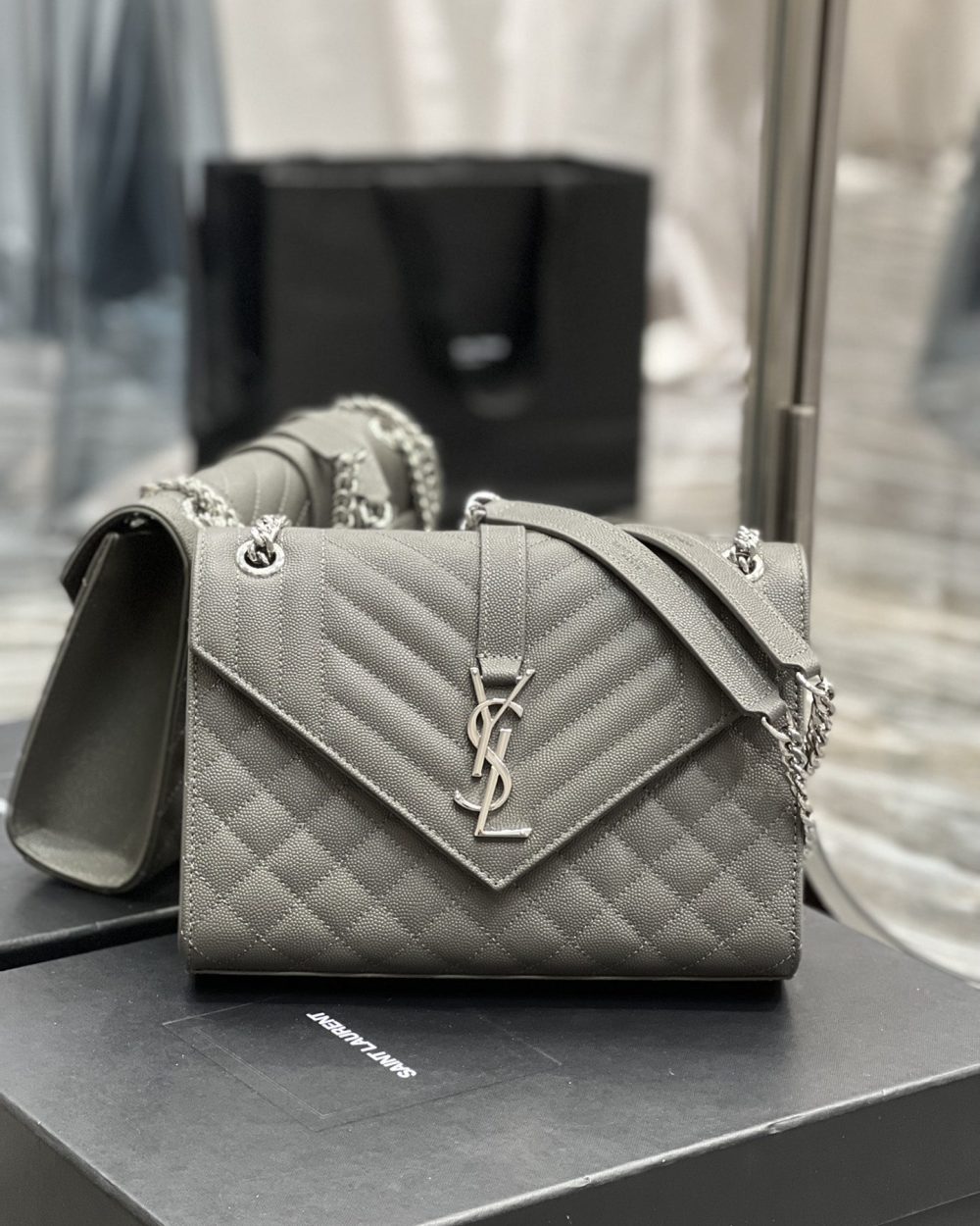 [REP 1:1] Saint Laurent Envelope Medium Chain Bag Dark Grey For Women, Women's Bags 9.4in/24cm YSL