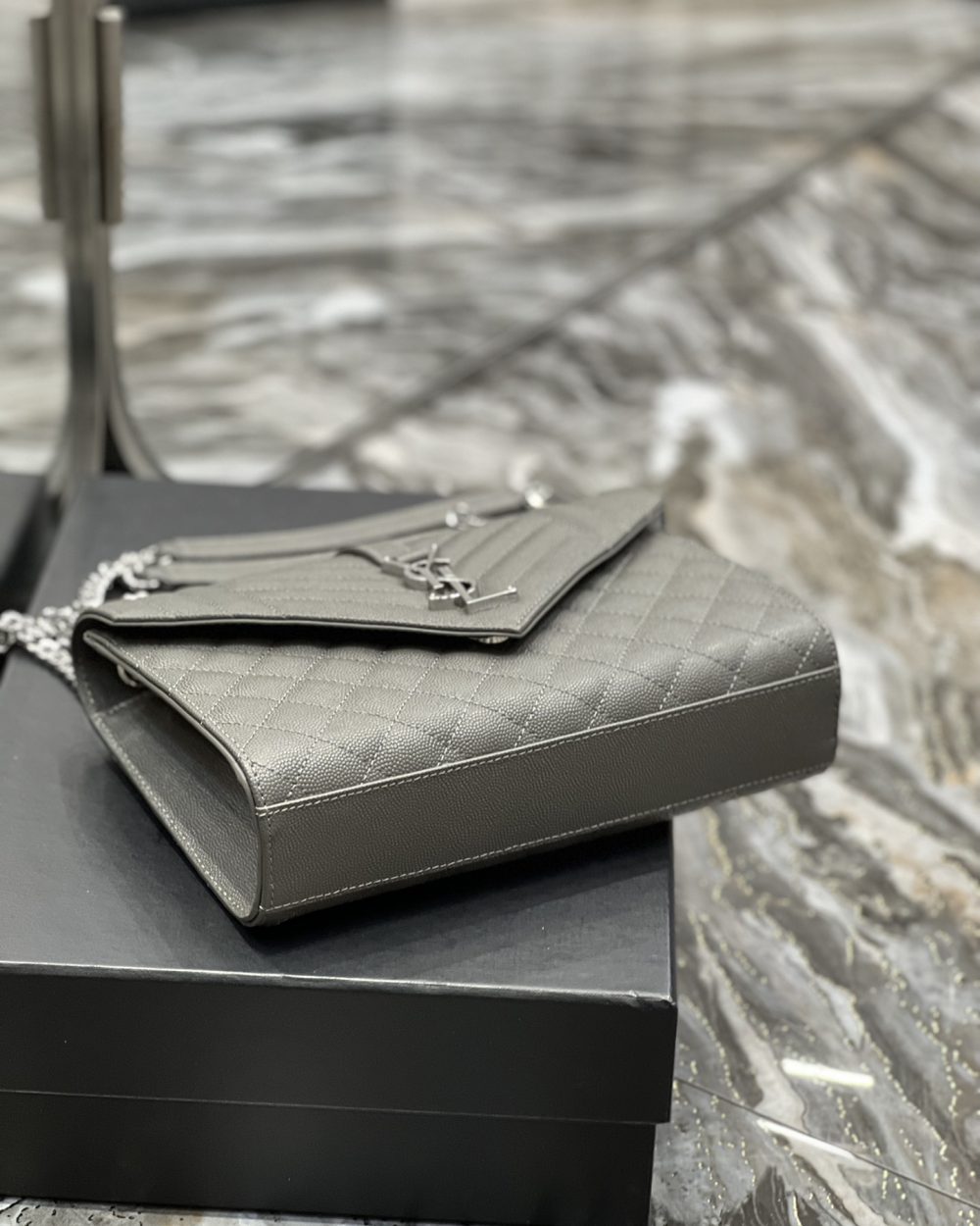 [REP 1:1] Saint Laurent Envelope Medium Chain Bag Dark Grey For Women, Women's Bags 9.4in/24cm YSL