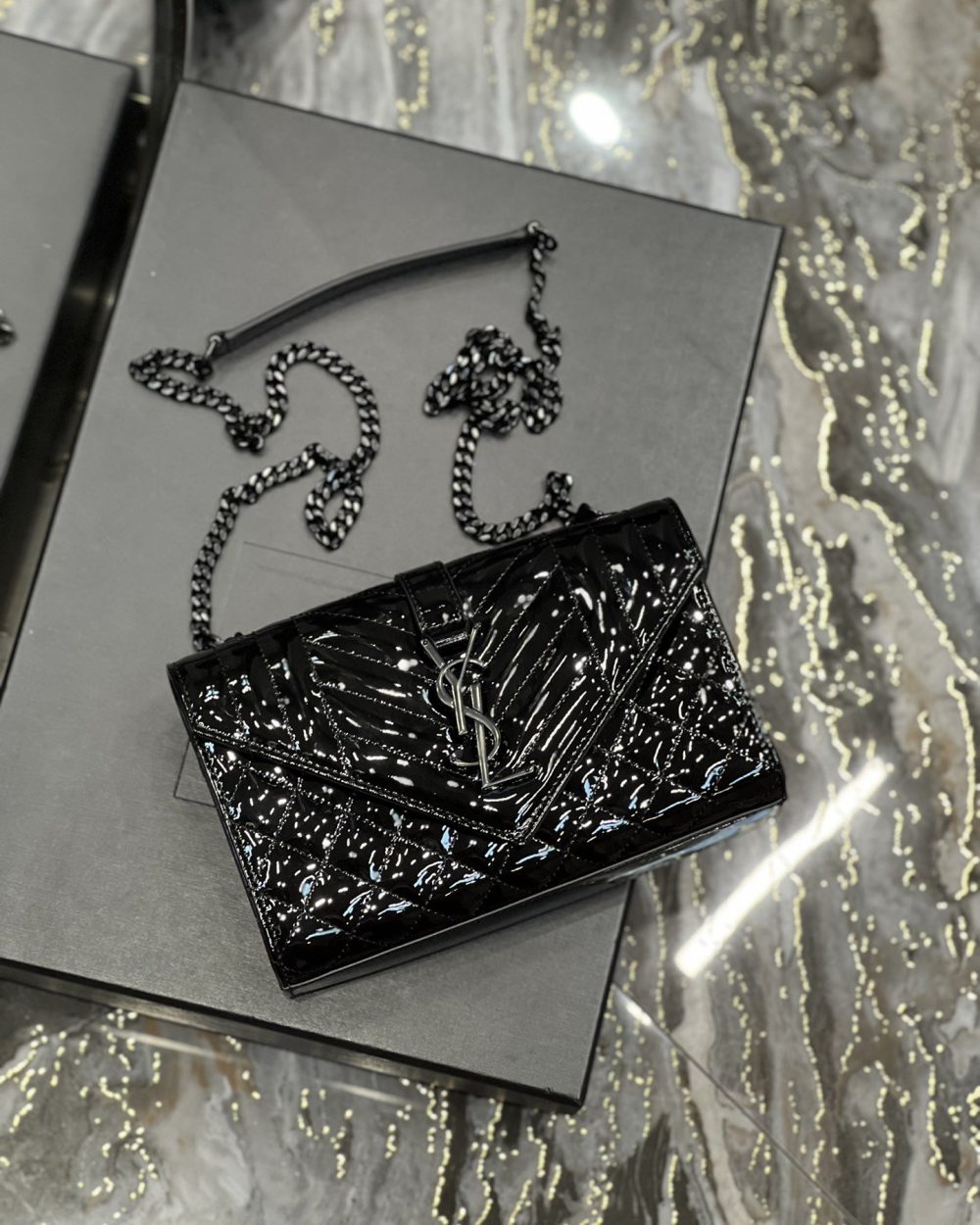 [REP 1:1] Saint Laurent Envelope Small Bag Black In Mix Matelassé Grain De Poudre Embossed Material For Women 8.2in/21cm YSL